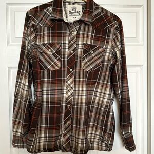 Roebuck & Co Flannel pearl snap  brown and white plaid large western